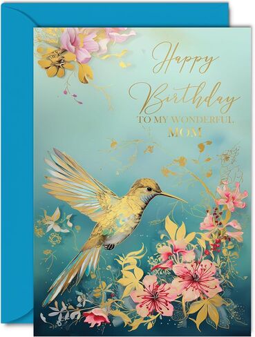 Beautiful Gold Birthday Cards for Mom - Wonderful Golden Birds Hummingbird - Elegant Traditional Pretty Birthday Card for Mom from Son Daughter, A5 Mother Gorgeous Greeting Cards Gift in Saudi Arabia