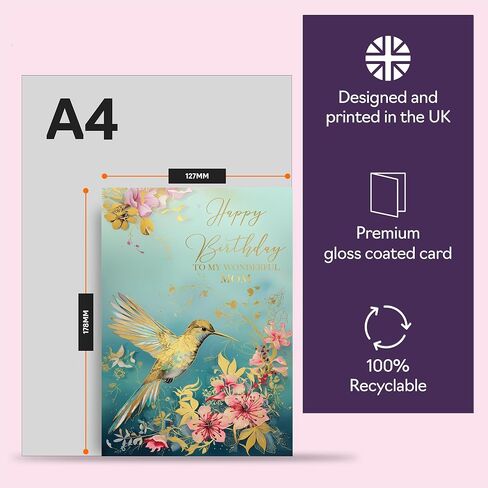 Beautiful Gold Birthday Cards for Mom - Wonderful Golden Birds Hummingbird - Elegant Traditional Pretty Birthday Card for Mom from Son Daughter, A5 Mother Gorgeous Greeting Cards Gift in Saudi Arabia