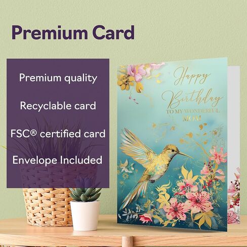 Beautiful Gold Birthday Cards for Mom - Wonderful Golden Birds Hummingbird - Elegant Traditional Pretty Birthday Card for Mom from Son Daughter, A5 Mother Gorgeous Greeting Cards Gift in Saudi Arabia
