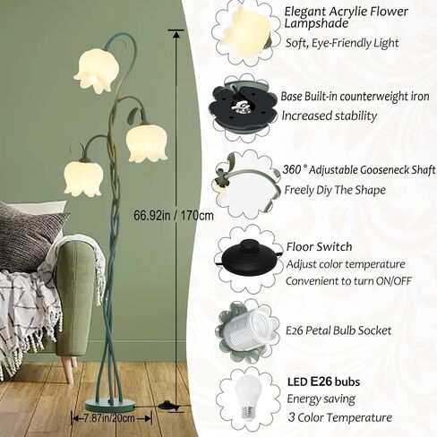 Flower Floor Lamp,3-Color Temperatures Vintage Flower Lamp Floor,3 Heads Cute Floor Lamps with E26 Bulb Flexible Neck Shaft,Flower Lamp for Living Room Bedrooms in Saudi Arabia