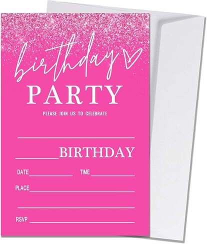 Pink Birthday Party Invitations for Girls Pink Silver Invite Birthday Party Invite for Girls Besties Woman 20 Invite Cards with Envelopes-Birthday Party Supplies(4×6inches)-C03 in Kuwait