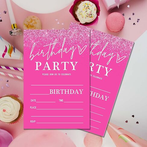 Pink Birthday Party Invitations for Girls Pink Silver Invite Birthday Party Invite for Girls Besties Woman 20 Invite Cards with Envelopes-Birthday Party Supplies(4×6inches)-C03 in Kuwait
