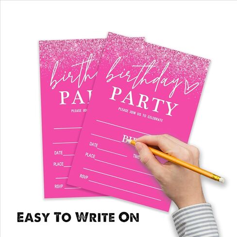 Pink Birthday Party Invitations for Girls Pink Silver Invite Birthday Party Invite for Girls Besties Woman 20 Invite Cards with Envelopes-Birthday Party Supplies(4×6inches)-C03 in Kuwait