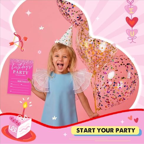 Pink Birthday Party Invitations for Girls Pink Silver Invite Birthday Party Invite for Girls Besties Woman 20 Invite Cards with Envelopes-Birthday Party Supplies(4×6inches)-C03 in Kuwait