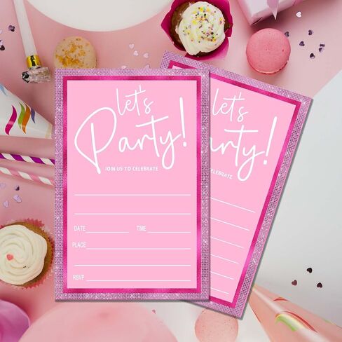 Pink Birthday Party Invitations for Girls Pink Silver Invite Birthday Party Invite for Girls Besties Woman 20 Invite Cards with Envelopes-Birthday Party Supplies(4×6inches)-C03 in Kuwait