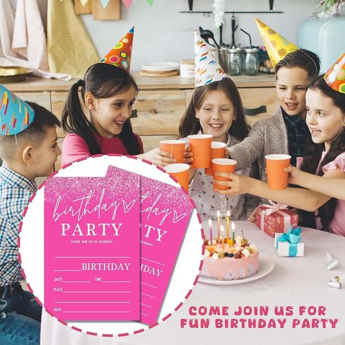 Pink Birthday Party Invitations for Girls Pink Silver Invite Birthday Party Invite for Girls Besties Woman 20 Invite Cards with Envelopes-Birthday Party Supplies(4×6inches)-C03 in Kuwait