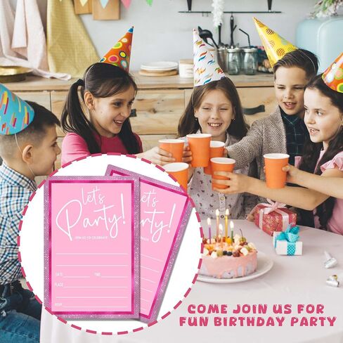Pink Birthday Party Invitations for Girls Pink Silver Invite Birthday Party Invite for Girls Besties Woman 20 Invite Cards with Envelopes-Birthday Party Supplies(4×6inches)-C03 in Kuwait