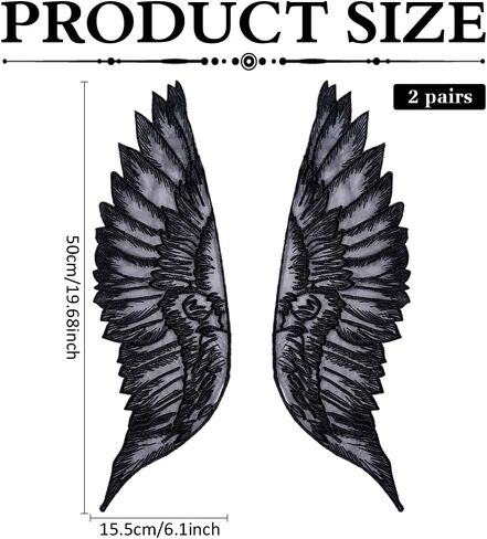 MAYJOYDIY 2 Pairs Black Angel Wing Patch 19.7×6.1inch Large Wings Embroidred Applique Patches Polyester Sew On Feathers Appliques for Wedding Party Gown Bridal Dress Clothes DIY Crafts in Saudi Arabia
