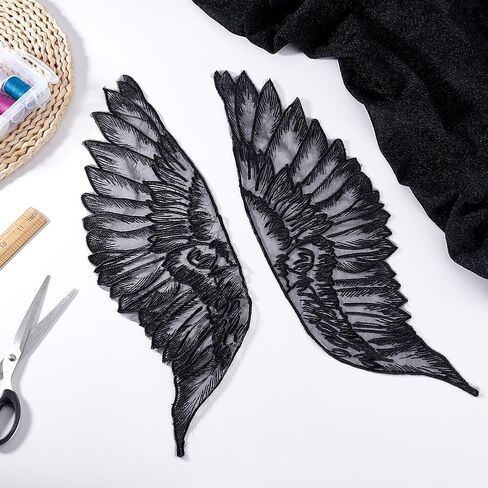 MAYJOYDIY 2 Pairs Black Angel Wing Patch 19.7×6.1inch Large Wings Embroidred Applique Patches Polyester Sew On Feathers Appliques for Wedding Party Gown Bridal Dress Clothes DIY Crafts in Saudi Arabia