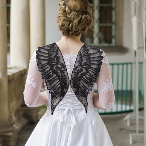 MAYJOYDIY 2 Pairs Black Angel Wing Patch 19.7×6.1inch Large Wings Embroidred Applique Patches Polyester Sew On Feathers Appliques for Wedding Party Gown Bridal Dress Clothes DIY Crafts in Saudi Arabia