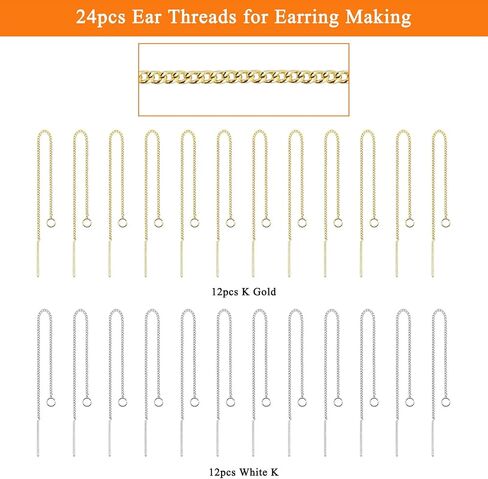 24pcs Threader Chain Earrings Dangle Hypoallergenic Ear Threads Long Chain Earrings with Loop Drop Earring Threader Findings for Earring Making DIY Jewelry Craft(K Gold,White K) in Kuwait