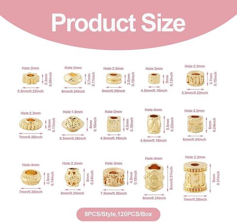 Pandahall 120Pcs 14K Golden Tibetan Spacer Beads 15 Styles Alloy Cube Column Barrel Flower Spacers Beads Metal Spacers Bead Jewelry Loose Beads for Bracelet Earring Necklace Making Hole: 2~4mm in Saudi Arabia