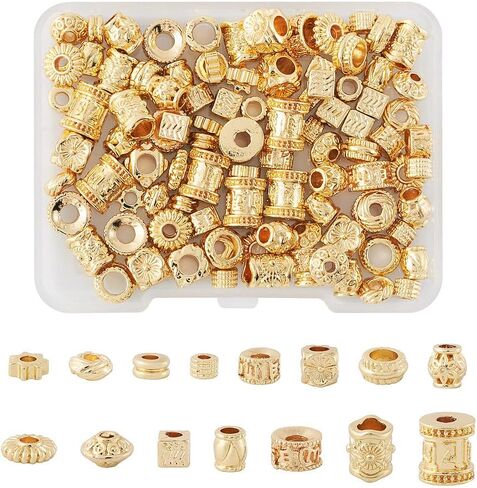 Pandahall 120Pcs 14K Golden Tibetan Spacer Beads 15 Styles Alloy Cube Column Barrel Flower Spacers Beads Metal Spacers Bead Jewelry Loose Beads for Bracelet Earring Necklace Making Hole: 2~4mm in Saudi Arabia