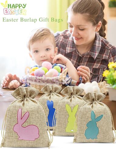Jexila Easter Burlap Gift Bags with Drawstring Small Easter Goodie Candy Bag for Kids Classroom Easter Treat Bags Easter Party Favor in Saudi Arabia