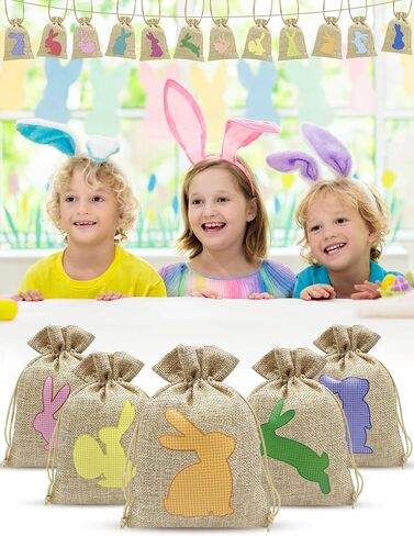 Jexila Easter Burlap Gift Bags with Drawstring Small Easter Goodie Candy Bag for Kids Classroom Easter Treat Bags Easter Party Favor in Saudi Arabia