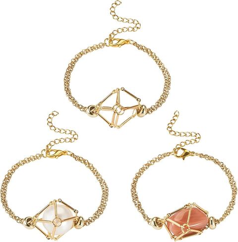 Beadthoven 3PCS Crystal Bracelet Holder, 304 Stainless Steel Empty Quartz Stone Crystal Cage Bracelets Adjustable Net Chain Bracelets Holders for DIY Jewelry Making Accessories for Women Men Golden in Saudi Arabia