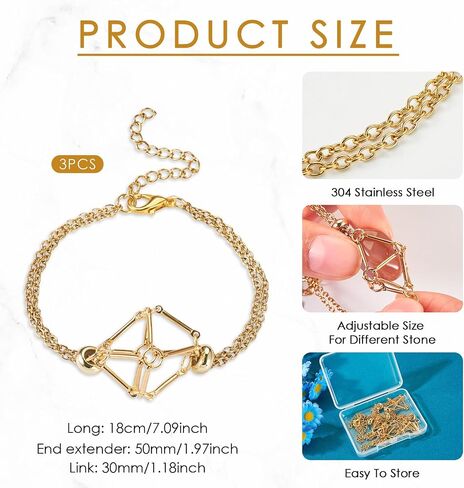 Beadthoven 3PCS Crystal Bracelet Holder, 304 Stainless Steel Empty Quartz Stone Crystal Cage Bracelets Adjustable Net Chain Bracelets Holders for DIY Jewelry Making Accessories for Women Men Golden in Saudi Arabia