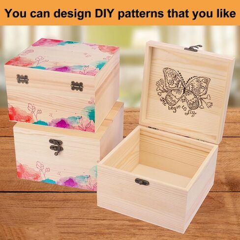 GNIEMCKIN 3 Pack Wooden Box, Unfinished Unpainted Wood Boxes for Crafts, DIY Projects, and Jewelry Storage (7.1x7.1x4.7 inch) in Kuwait