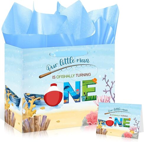 Fishing 1st Birthday Gift Bag Blue Gone Fishing One Birthday Decorations for Boys with Tissue Paper and Card Ofishally 1st Birthday Wrapping Bag with Handle for Baby Shower 1st Birthday Party Favors in Kuwait