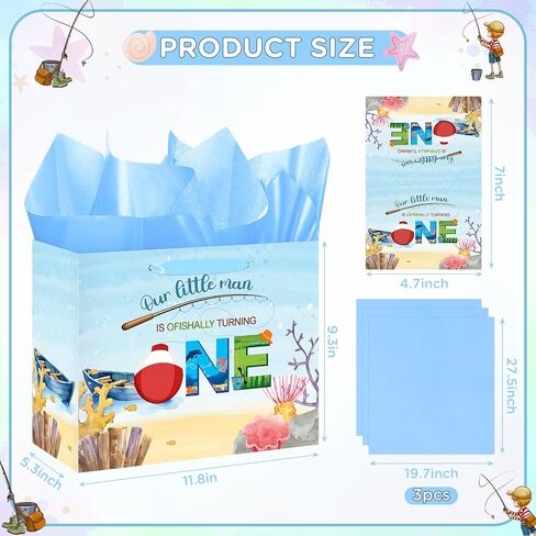 Fishing 1st Birthday Gift Bag Blue Gone Fishing One Birthday Decorations for Boys with Tissue Paper and Card Ofishally 1st Birthday Wrapping Bag with Handle for Baby Shower 1st Birthday Party Favors in Kuwait