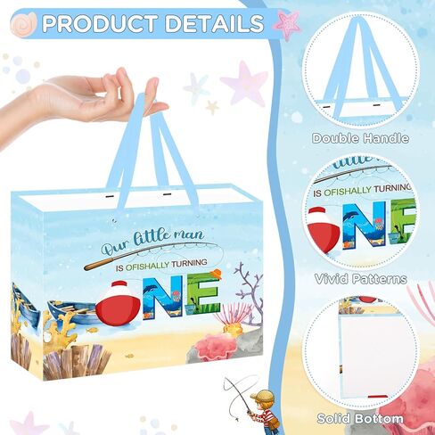 Fishing 1st Birthday Gift Bag Blue Gone Fishing One Birthday Decorations for Boys with Tissue Paper and Card Ofishally 1st Birthday Wrapping Bag with Handle for Baby Shower 1st Birthday Party Favors in Kuwait