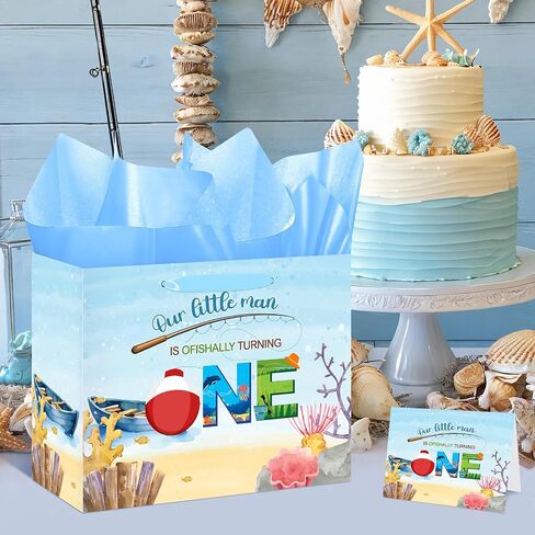 Fishing 1st Birthday Gift Bag Blue Gone Fishing One Birthday Decorations for Boys with Tissue Paper and Card Ofishally 1st Birthday Wrapping Bag with Handle for Baby Shower 1st Birthday Party Favors in Kuwait