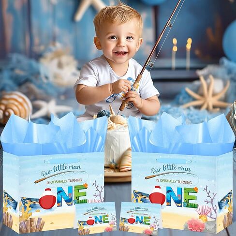 Fishing 1st Birthday Gift Bag Blue Gone Fishing One Birthday Decorations for Boys with Tissue Paper and Card Ofishally 1st Birthday Wrapping Bag with Handle for Baby Shower 1st Birthday Party Favors in Kuwait