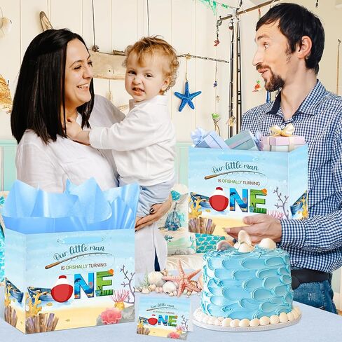 Fishing 1st Birthday Gift Bag Blue Gone Fishing One Birthday Decorations for Boys with Tissue Paper and Card Ofishally 1st Birthday Wrapping Bag with Handle for Baby Shower 1st Birthday Party Favors in Kuwait