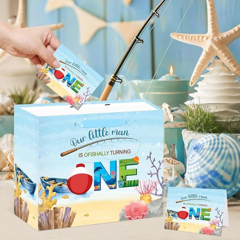 Fishing 1st Birthday Gift Bag Blue Gone Fishing One Birthday Decorations for Boys with Tissue Paper and Card Ofishally 1st Birthday Wrapping Bag with Handle for Baby Shower 1st Birthday Party Favors in Kuwait