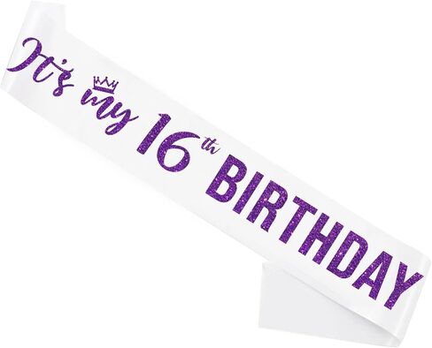 Sweet 16 Sash Purple,It’s My 16th Birthday Sash,16th Birthday Sash for Girls,Glitter Letter 16th Birthday Sash for Girls,Happy 16th Birthday Party Decorations,Black and Purple in Saudi Arabia