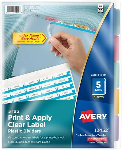 Avery 5 Tab Plastic Dividers for 3 Ring Binder, Easy Print & Apply Clear Label Strip, Index Maker Customizable Multicolor Tabs, 5 Sets (11452) in Kuwait