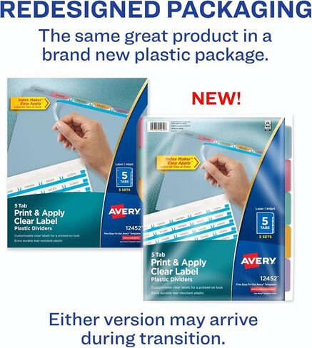 Avery 5 Tab Plastic Dividers for 3 Ring Binder, Easy Print & Apply Clear Label Strip, Index Maker Customizable Multicolor Tabs, 5 Sets (11452) in Kuwait