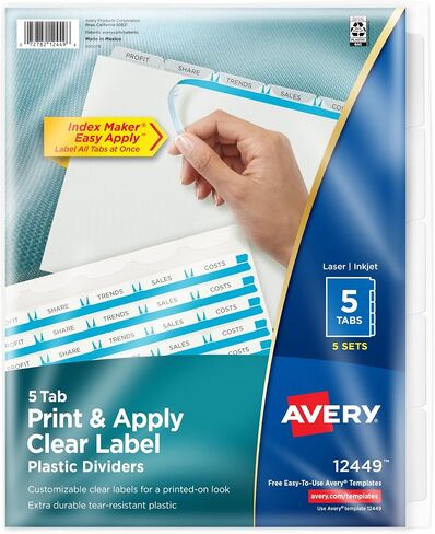 Avery 5 Tab Plastic Dividers for 3 Ring Binder, Easy Print & Apply Clear Label Strip, Index Maker Customizable Multicolor Tabs, 5 Sets (11452) in Kuwait