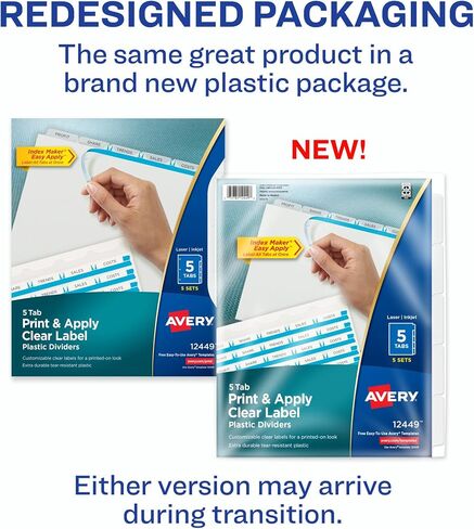 Avery 5 Tab Plastic Dividers for 3 Ring Binder, Easy Print & Apply Clear Label Strip, Index Maker Customizable Multicolor Tabs, 5 Sets (11452) in Kuwait