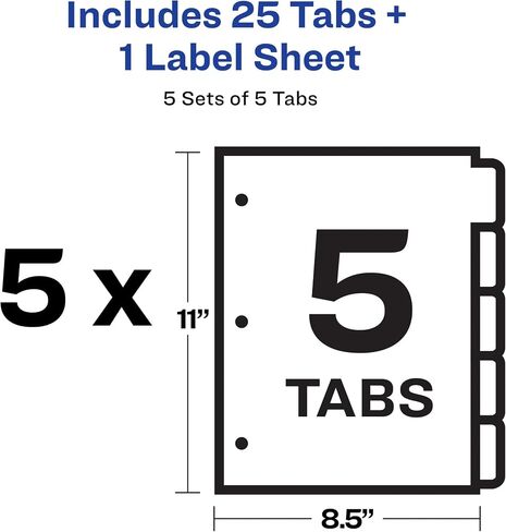 Avery 5 Tab Plastic Dividers for 3 Ring Binder, Easy Print & Apply Clear Label Strip, Index Maker Customizable Multicolor Tabs, 5 Sets (11452) in Kuwait