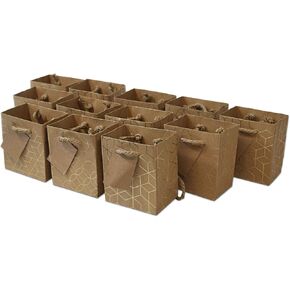 OccasionALL Medium Gift Bags with Handles, Brown Gold Paper Tote for Holidays, Christmas, Cards, Weddings, Birthdays, Shopping, Bulk, 7.5x3.5x9 12 Pack