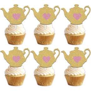 18pcs Gold Glitter Teapot Dessert Cupcake Topper Pick for Afternoon Tea Theme Decorations Men Women Children Happy Birthday Baby Shower Party Decor Supplies