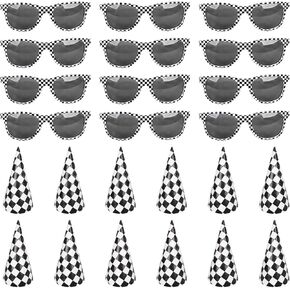 24Pcs Race Car Party Supplies Favors Set Include 12 Race Car Checkered Sunglasses 12Black and White Checkered Cone Hats for Teenagers and Adults Birthday Decorations