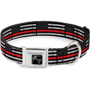 Buckle-Down Dog Collar Seatbelt Buckle Thin Red Line Flag Weathered Black Gray Red 15 to 26 Inches 1.0 Inch Wide (DC-W34621-L)