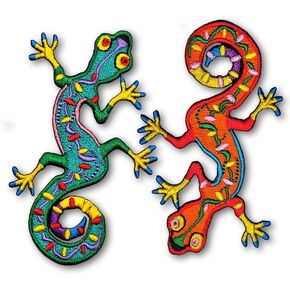 2 Pcs. Gecko Green & Orange Lizard Chameleon Animal Logo Embroidered Sew on Iron on Patch Applique for Cloths Backpacks, S-MP002