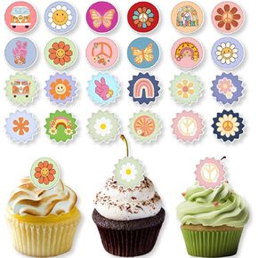 24 PCS Groovy Retro Hippie Boho Cupcake Rings Hippie Party Cupcake Ring Picks Peace Sign Daisy Bus Rainbow Boho Cupcake Topper Decorations for Groovy Birthday Party Supplies