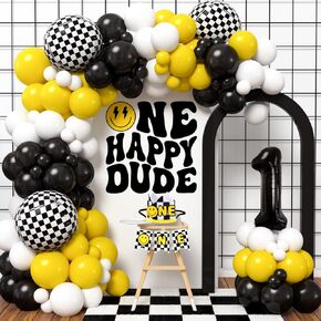 Winrayk One Happy Dude Birthday Decorations 1st Birthday Decorations Boy, One Happy Dude Balloon Arch 1st Birthday Hat One Banner Checkered Number 1 Balloon, Toddler First Birthday Decorations for Boy