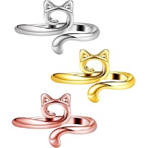 Dimeho 3 Pack Adjustable Knitting Rings Crochet Yarn Guide Holder Cute Cat Finger Loop Wide Open Weaving Hook Braided Thimble Knit Accessories for DIY Craft Sweater Handicrafts (Silver, Black)