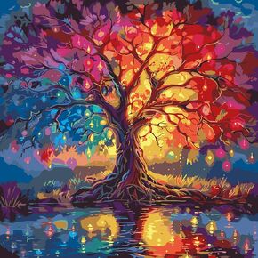 mrpwnle Paint by Numbers for Adults Beginner, Tree of Life Easy Paint by Numbers for Adults, Acrylic Watercolor Painting by Number, DIY Adult Trees Oil Painting for Home Decor Gift 16X16 Inch
