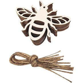 GSHLLO 20 Pcs Unfinished Wooden Bee Cutouts Wood Animal Cut Outs Blank Hanging Craft Slices Easter Painting Insects Honey Bee Gift Tags with String