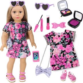 American 18 Inch Doll Makeup Accessories and Clothes,Messenger Bag Set for 18 Inch Dolls Include Sunglasses Phone Lipstick Eyelash Brush Eye Shadow Blusher Butterfly Hair Clip and Shoes
