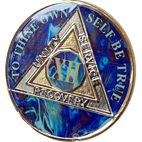 12 Year AA Medallion Sapphire Blue Swirl Tri-Plate Sobriety Chip