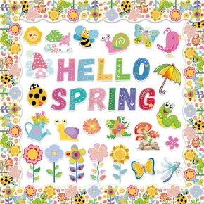50Pcs Hello Spring Bulletin Board Decorations Spring Flower Bulletin Border Cutouts Spring Classroom Decor Spring Flower Cut-Outs for Bulletin Board Spring Party School Chalkboard Wall Decor