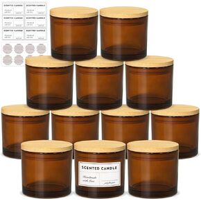 SUPMIND 12 Pack Glass Candle Jars-10oz Clear Empty Candle Jars with Bamboo Lids and Sticky Labels, Bulk Candle Jars for Making Candles Containers - Dishwasher Safe