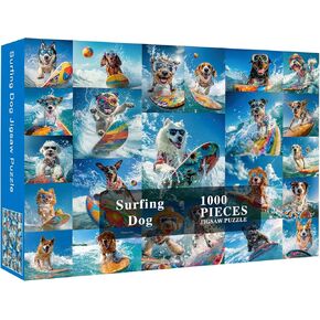 Funny Jigsaw Puzzles 1000 Pieces for Adults, Cute Puppy Animal Puzzles, Cool Surfing Dog Jigsaw Puzzle